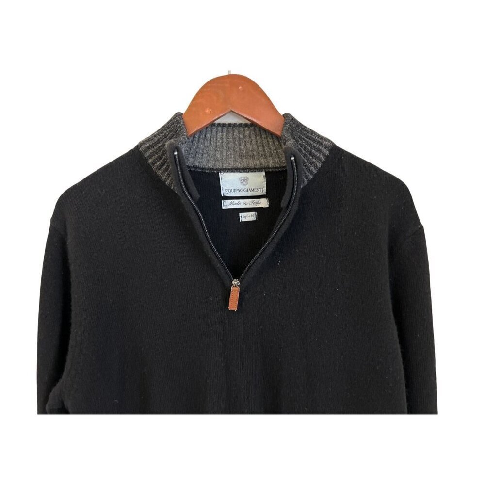 Equipaggiamenti Made In Italy Black & Gray Wool Sweater Half-Zip Ribbed Trim - M - Picture 3 of 11